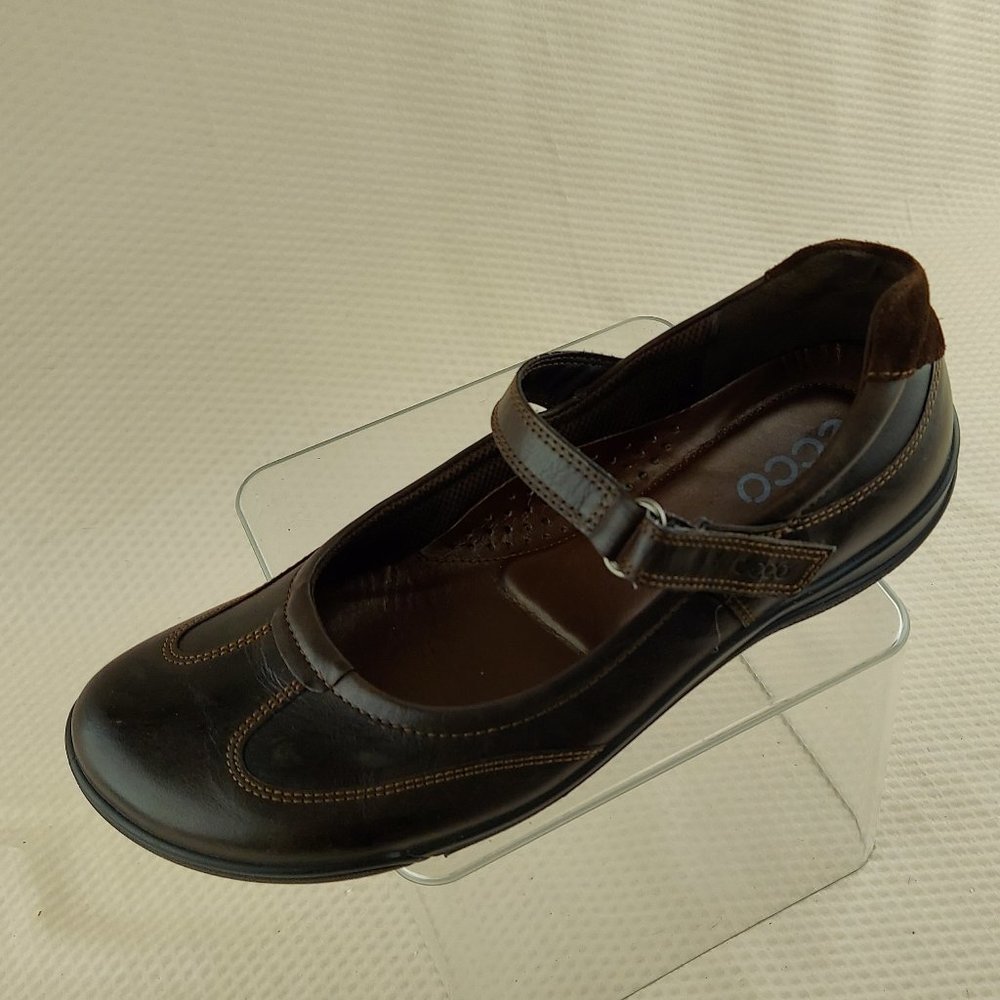 Ecco Brown Leather Mary Jane Hook & Loop Close Comfort Flats Size EU 38 US 7/7.5
